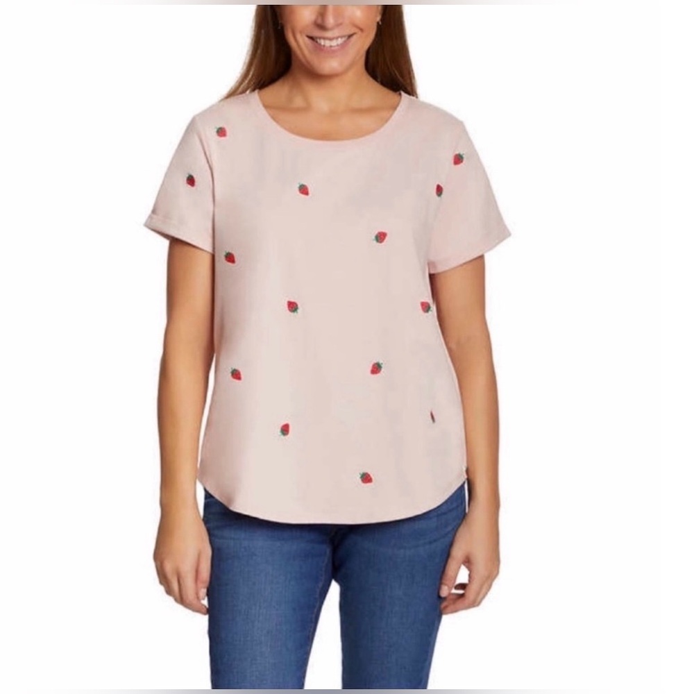 Vintage America - Women’s Light Pink Strawberry Embroidered Short Sleeve Top